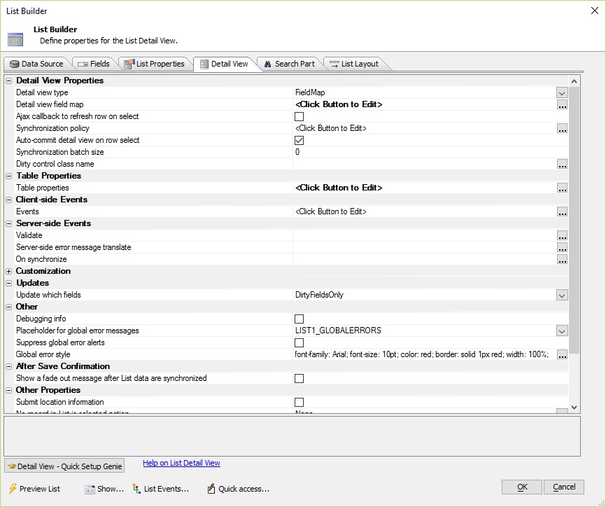 List Detailview Pane